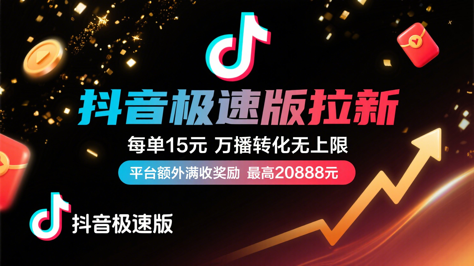 抖音极速版放福利,每单15元,万播转化无上限,平台额外满收奖励,最高可领20888元-项目网