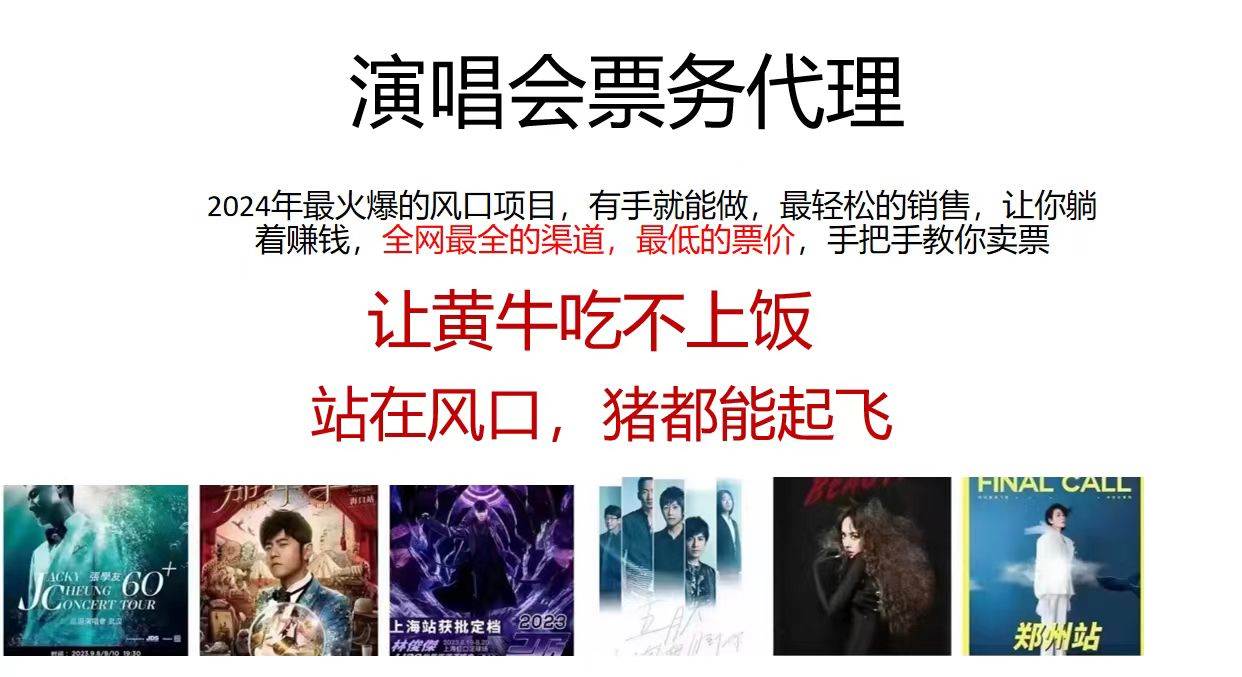演唱会2024票务代理，全网最低的票价，手把手教你卖票，日入2000+-项目网
